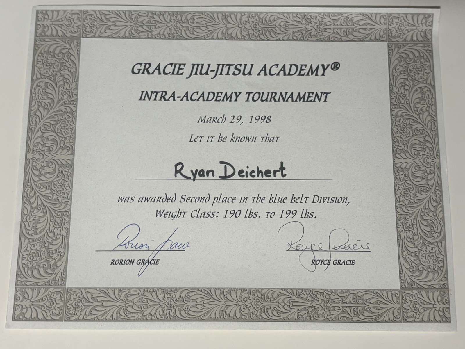 Gracie Jiu-Jitsu Academy intra-academy tournament certificate awarded to Ryan Deichert on March 29, 1998, for second place in the blue belt division, signed by Rorion Gracie and Royce Gracie